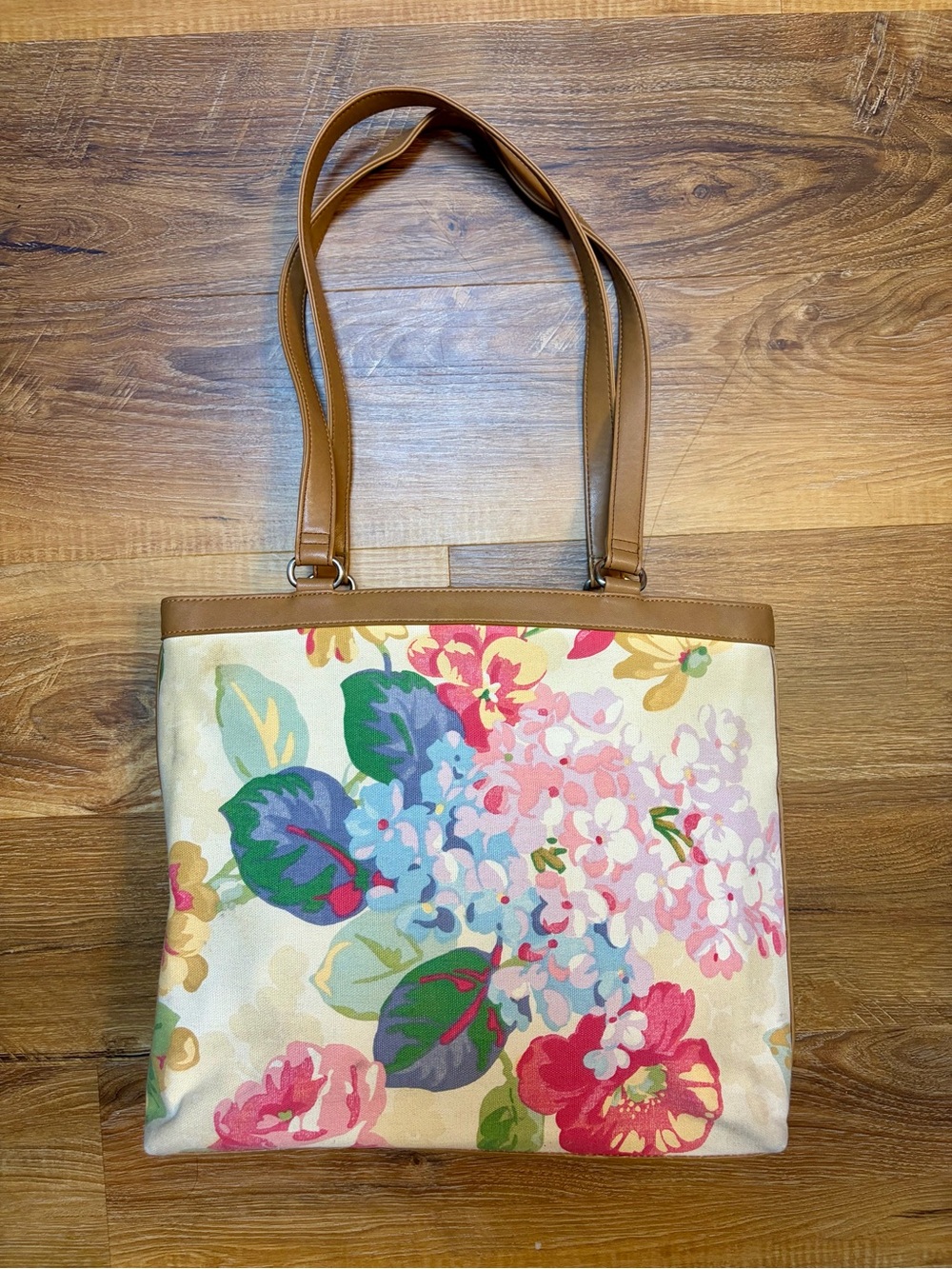 Fossil floral bloom canvas and tan leather tote bag EUC vintage